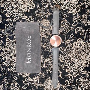 MONROE SOLÉROSE Watch: Gray Leather band, Round Rose Gold Face